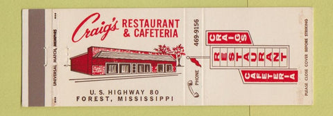 Matchbook Cover - Craig's Restaurant Cafeteria Forest MS