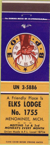 Matchbook Cover - Matchbook Cover Elks Club Menominee MI