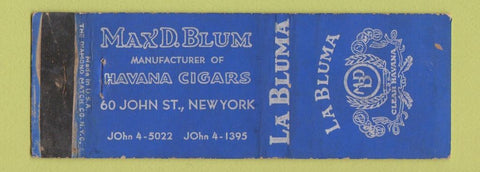 Matchbook Cover - Max Blum Cigars La Bluma New York City WEAR