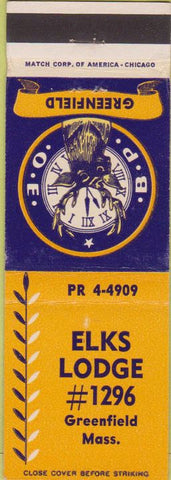 Matchbook Cover - Matchbook Cover Elks Club Greenfield MA CREASE