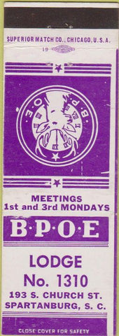 Matchbook Cover - Matchbook Cover Elks Club Spartansburg SC