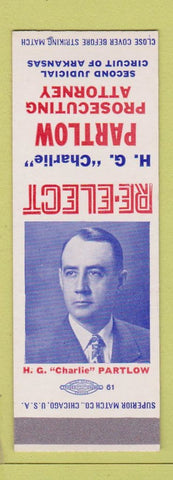 Matchbook Cover - HG Charlie Partlow Prosecuting Attorney Arkansas AR SAMPLE