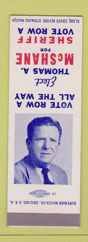 Matchbook Cover - Thomas A McShane for Sheriff election Albany County WY? SAMPLE