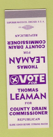 Matchbook Cover - Thomas Leaman County Drain Commissioner SAMPLE
