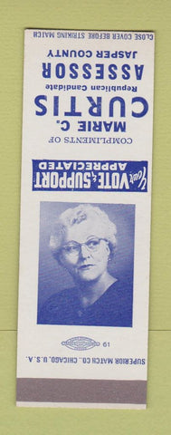 Matchbook Cover - Marie C Curtis Assessor Jasper County election MO SAMPLE