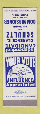 Matchbook Cover - Clarence Schultz Commissioner Election Flint MI SAMPLE