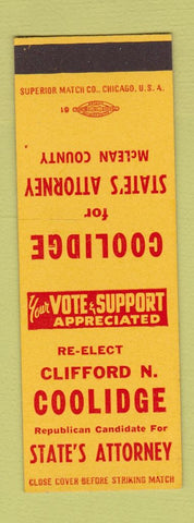 Matchbook Cover - Clifford Coolidge State's Attorney McLean County IL SAMPLE