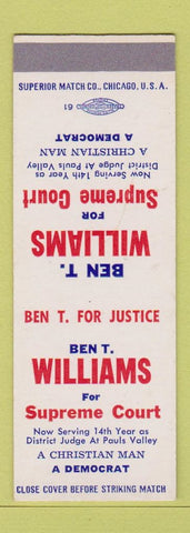 Matchbook Cover - Ben Williams Oklahoma OK Supreme Court Pauls Valley SAMPLE