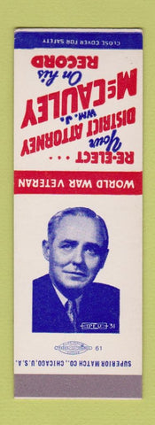 Matchbook Cover William McCauley District Attorney Election Milwaukee WI SAMPLE