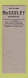 Matchbook Cover William McCauley District Attorney Election Milwaukee WI SAMPLE
