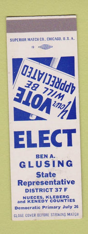Matchbook Cover - Ben Glusing State Rep Nueces Kleberg Kenedy County TX SAMPLE