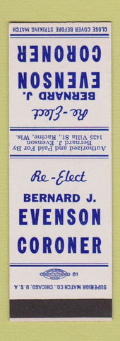 Matchbook Cover - Bernard Evenson Coroner Election Racine WI SAMPLE