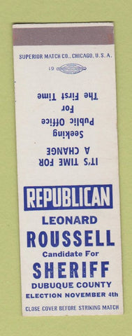 Matchbook Cover - Leonard Roussell Sheriff Dubuque County IA SAMPLE