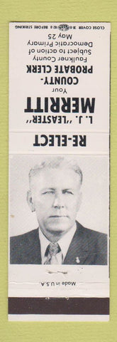 Matchbook Cover - LJ Leaster Merritt County Probate Clerk Faulkner AR?