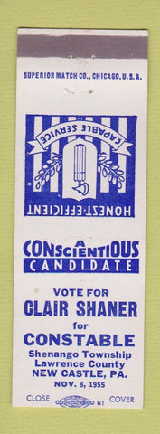 Matchbook Cover - Clair Shaner Constable Election New Castle PA