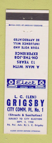 Matchbook Cover - LC Grigsby Commissioner Election