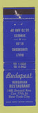 Matchbook Cover - Budapest Hungarian Restaurant New York City WEAR