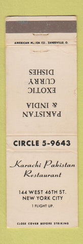 Matchbook Cover - Karachi Pakistan Restaurant Indian New York City