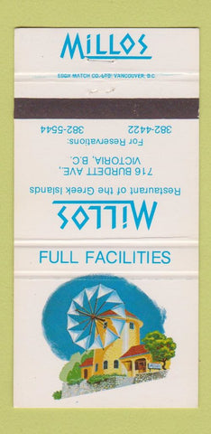Matchbook Cover - Millos Greek Restaurant Victoria BC 30 Strike