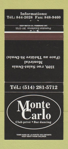 Matchbook Cover - Monte Carlo Club Montreal QC 30 Strike