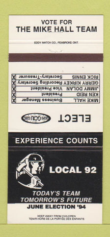 Matchbook Cover - Union Canada Mike Hall 30 Strike