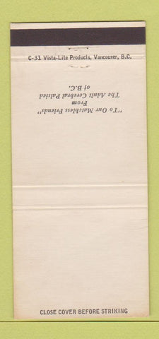 Matchbook Cover - Adult Cerebral Palsied BC British Columbia 30 Strike