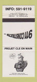 Matchbook Cover - 911 Construction Inc Canada 30 Strike