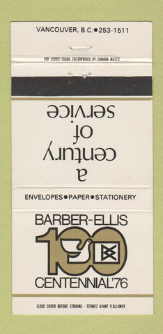Matchbook Cover - Barber Ellis Centennial Paper Envelopes Vancouver BC 30 Strike