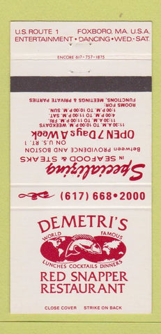 Matchbook Cover - Demetri's Red Snapper Restaurant Foxboro MA 30 Strike