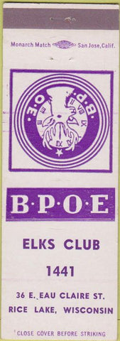 Matchbook Cover - Matchbook Cover Elks Club Rice Lake WI