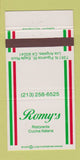 Matchbook Cover - Romy's Italian Restaurant Los Angeles CA 30 Strike