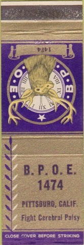 Matchbook Cover - Matchbook Cover Elks Club Pittsburgh CA
