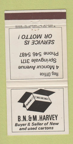 Matchbook Cover - BN&M Harvey Boxes Springvale 30 Strike