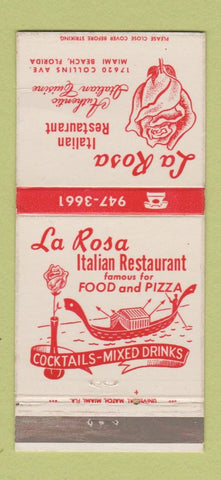 Matchbook Cover - La Rosa Italian Restaurant Miami Beach FL Pizza 30 Strike
