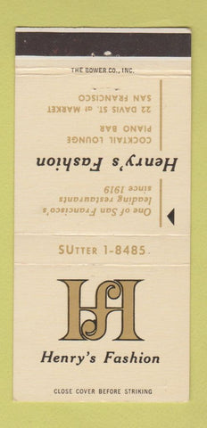 Matchbook Cover - Henry's Fashion Restaurant San Francisco CA 30 Strike