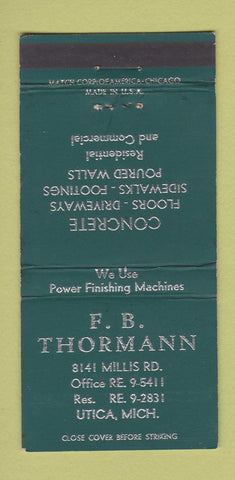 Matchbook Cover - FB Thormann Concrete Utica MI 30 Strike