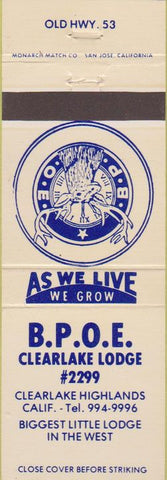 Matchbook Cover - Matchbook Cover Elks Club Clearlake Highlands CA