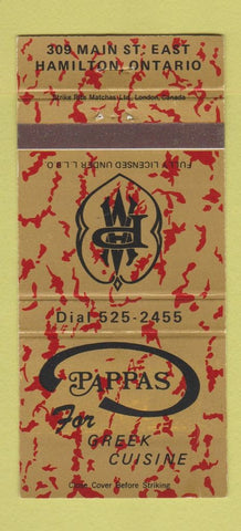 Matchbook Cover - Pappas Greek Restaurant Hamilton ON 30 Strike