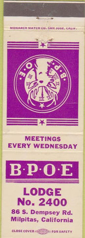 Matchbook Cover - Matchbook Cover Elks Club Milpitas CA