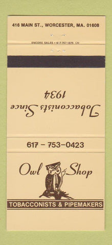 Matchbook Cover - Owl Shop Tobacco Worcester MA 30 Strike