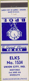 Matchbook Cover - Matchbook Cover Elks Club Union City IN