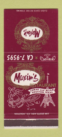 Matchbook Cover - Maxim's Restaurant Houston TX Eiffel Tower 30 Strike