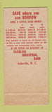 Matchbook Cover - Carolina Industrial Bank Asheville NC 30 Strike