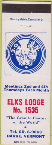 Matchbook Cover - Matchbook Cover Elks Club Barre VT