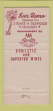 Matchbook Cover - San Remo Restaurant Daytona Beach FL 30 Strike