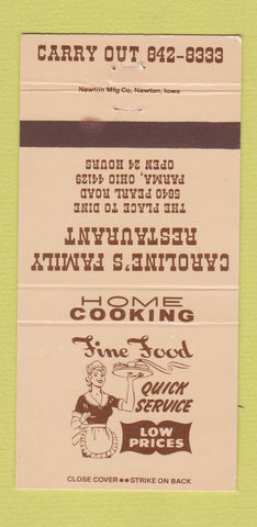 Matchbook Cover - Caroline's Restaurant Parma OH 30 Strike