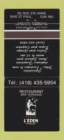 Matchbook Cover - Restaurant Bar Terrasse Pasta L'Eden Baie St Paul QC 30 Strike