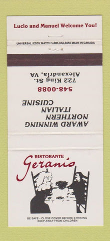 Matchbook Cover - Ristorante Geranio Italian Alexandria VA 30 Strike