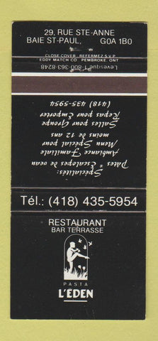 Matchbook Cover - Restaurant Bar Terrasse Pasta L'Eden Baie St Paul QC 30 Strike