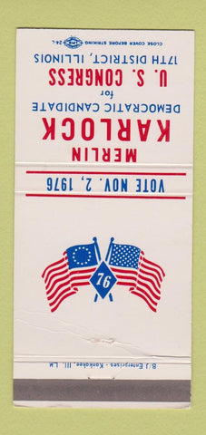 Matchbook Cover - Merlin Karlock Congress Election IL Illinois 1976 30 Strike